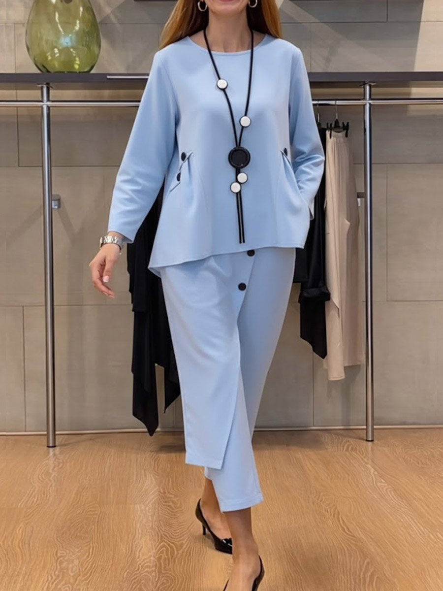 Women's Solid Color Round Neck Long Sleeve Casual Loose Top And High Waist Casual Loose Wide Leg Pants Cotton Set