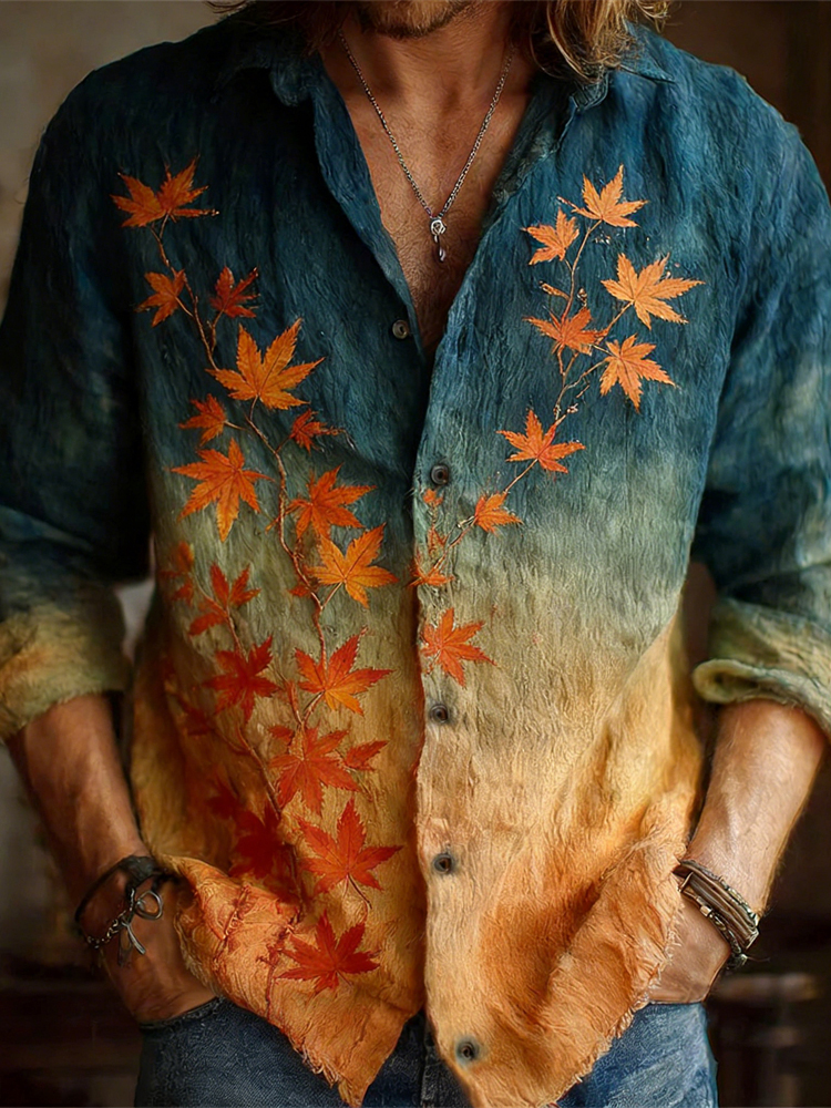 Japanese Maple Leaf Gradient Pattern Men's Linen Long Sleeve Shirt