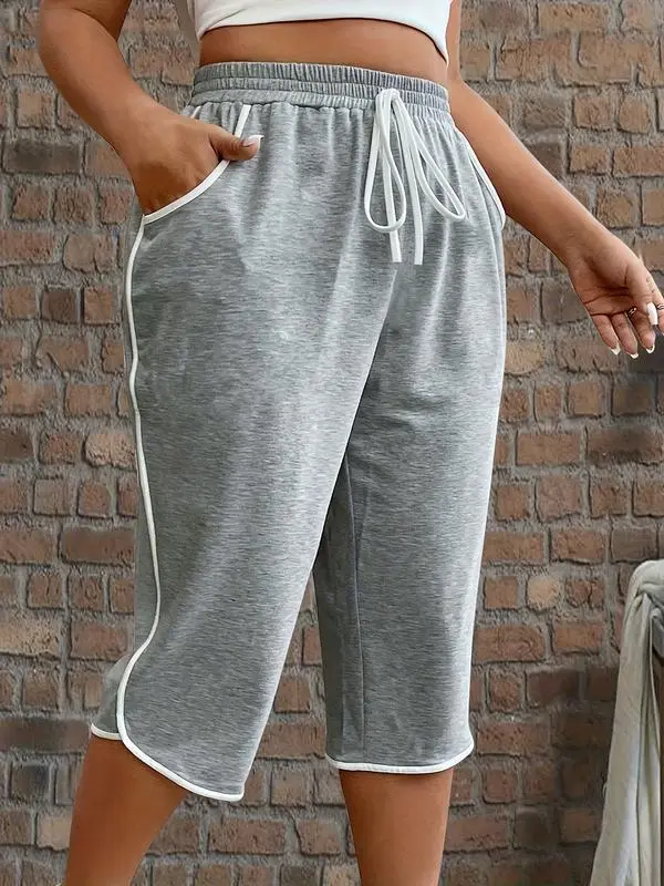 Women’s Plus Size Color Block Drawstring Capri Sports Pants
