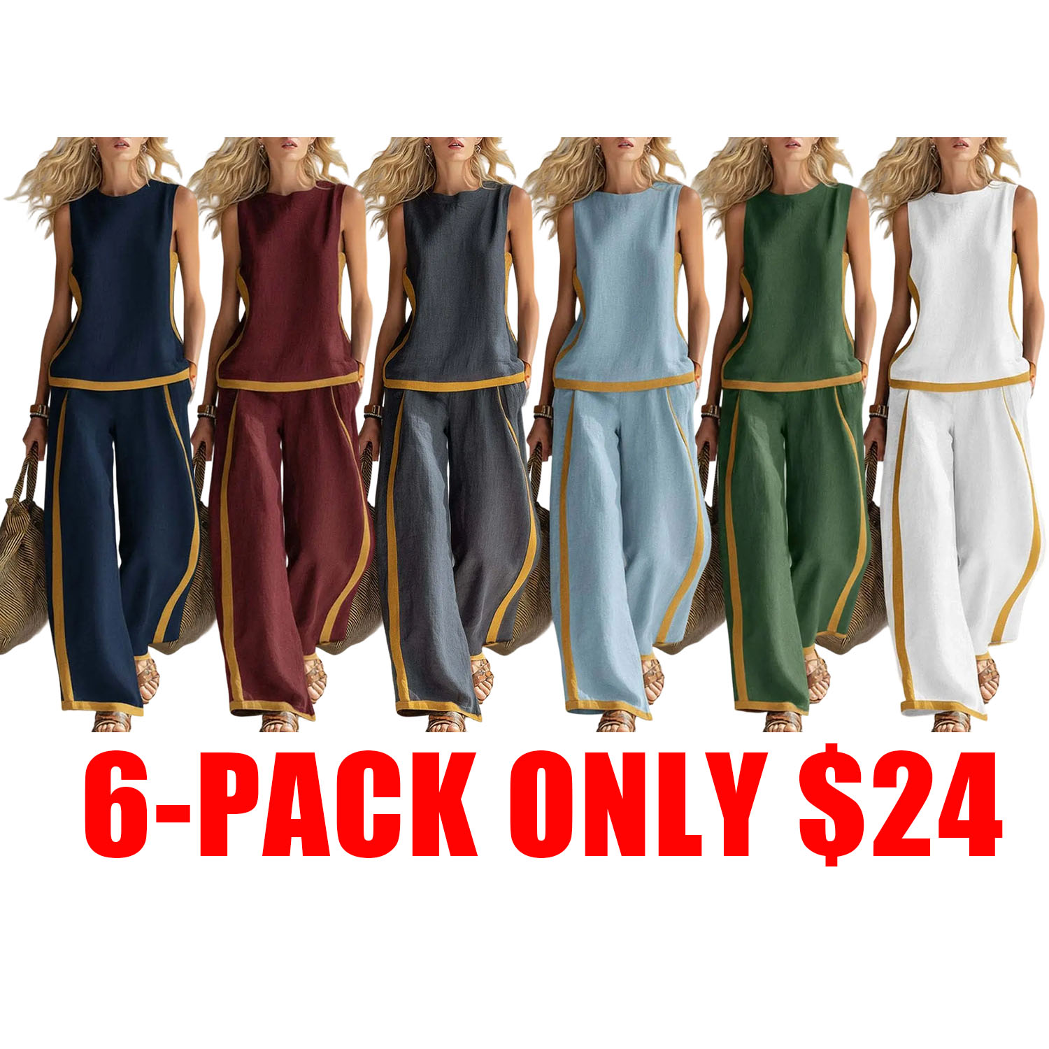 2026 Linen Blend Two Piece Set for Women Sleeveless Color Block Top Wide Leg Pants Set Casual Summer Outfit