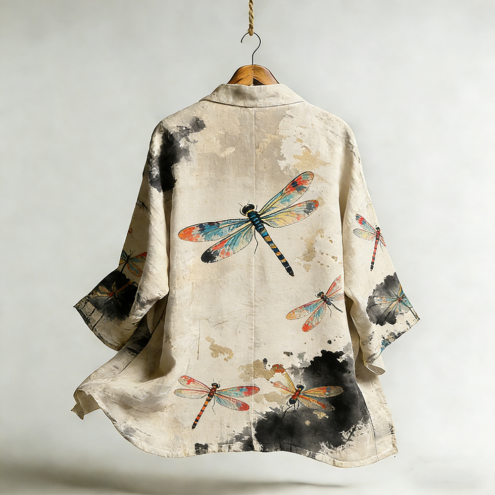 Japanese Art Style Color Dyed Dragonfly Elegant Cardigan