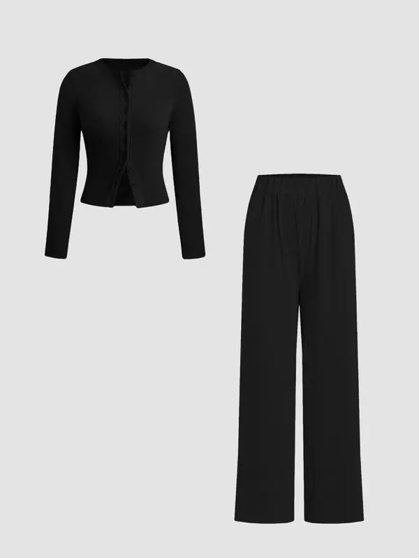 Women’s Ribbed Knit Crop Top & Elastic Waist Pants Two-Piece Set
