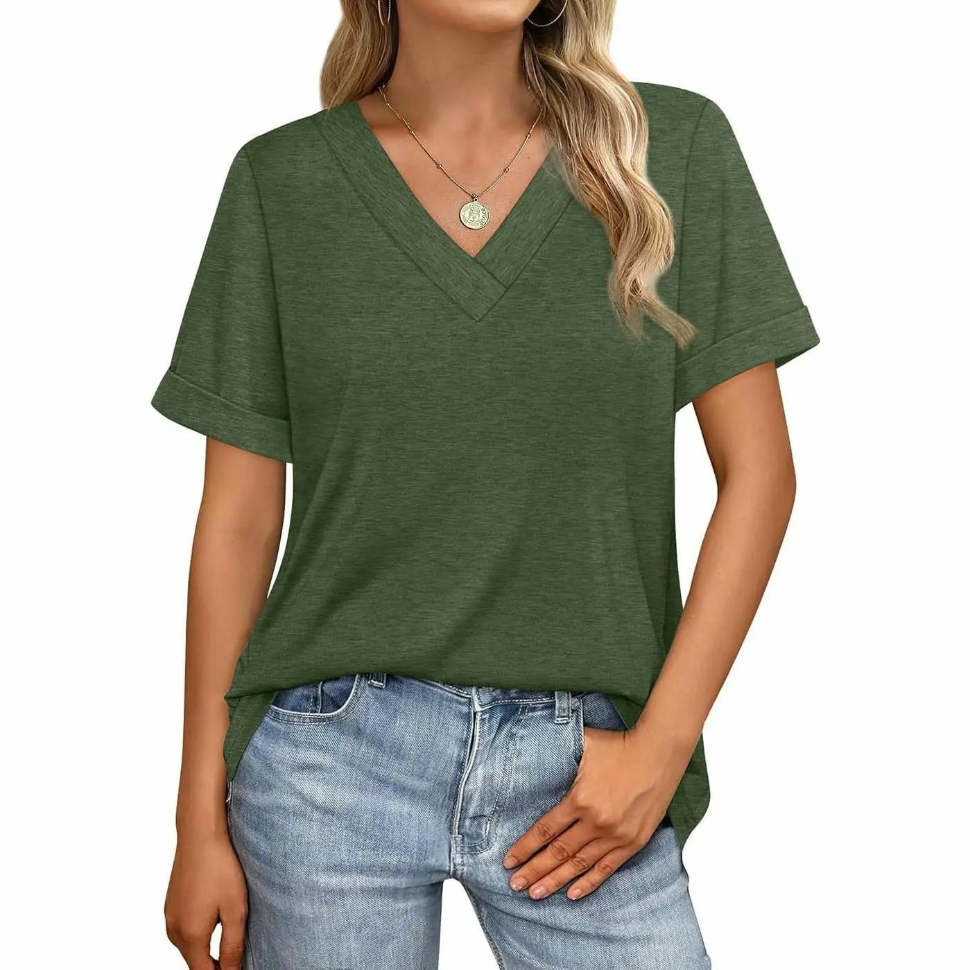 Womens Summer Tops Short Sleeve Basic Casual V Neck T Shirts Trendy Fashion 2026