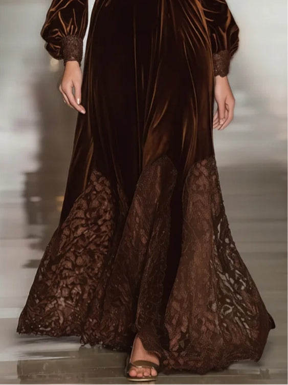 Lace Patchwork Turtleneck Balloon Sleeve Velvet Maxi Dresses