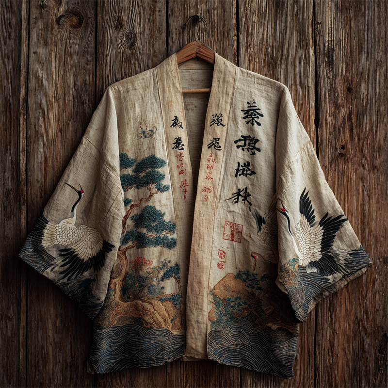 Japanese Cranes & Pine Trees Sea Waves Linen Kimono