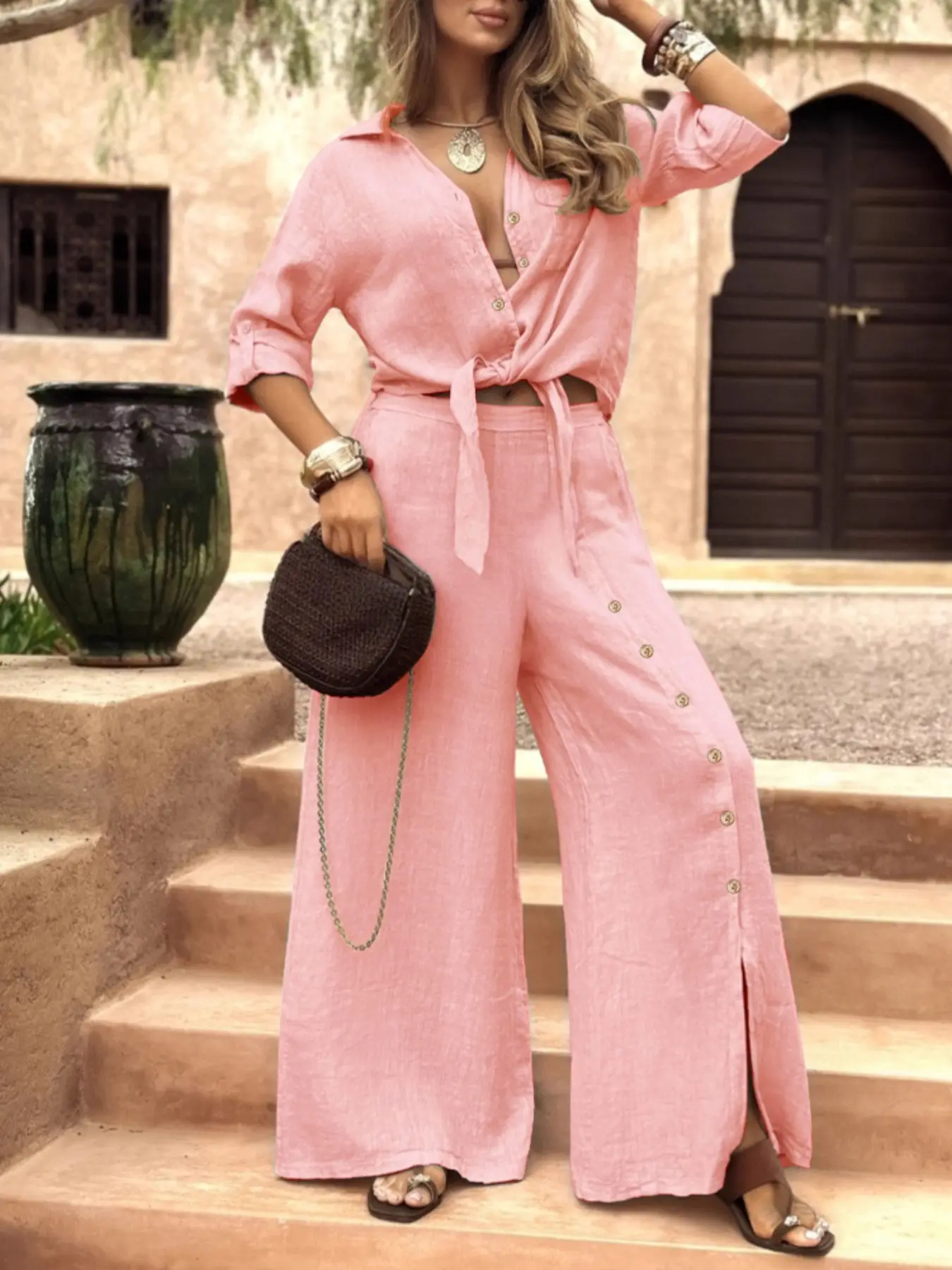 Women's Long Sleeve Loose Fit Shirt Set with Tie Hem