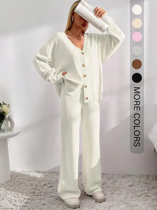 Women’s Button Front Knit Cardigan & Wide Leg Pants Two-Piece Set