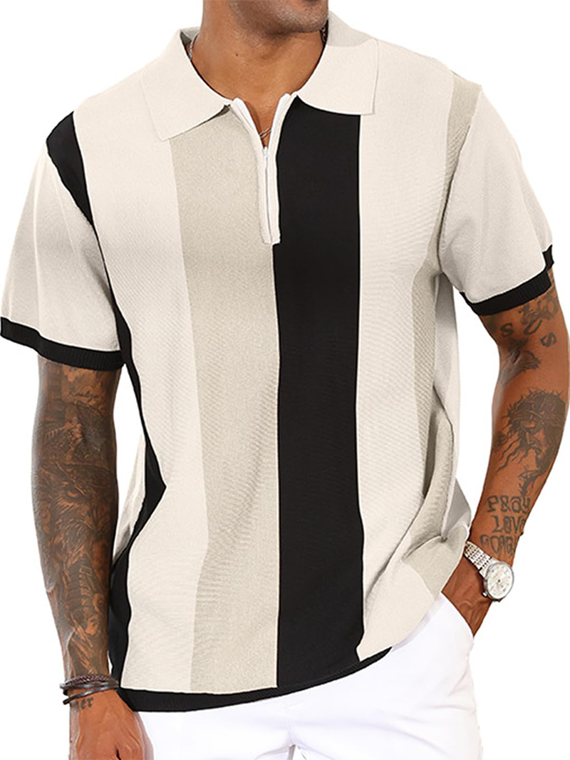 Men's Fashion Polo Shirts Vintage Striped Knitting Shirts Casual Slim Fit Golf Shirts
