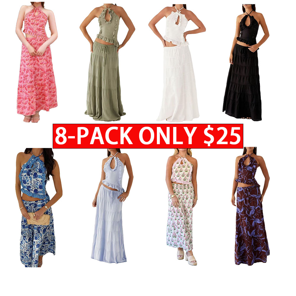 Y2K Women 2-Piece Maxi Skirt Set – Lace Short Sleeve Top & Tiered Ruffle Long Skirt – Sheer Beachy Boho Outfits