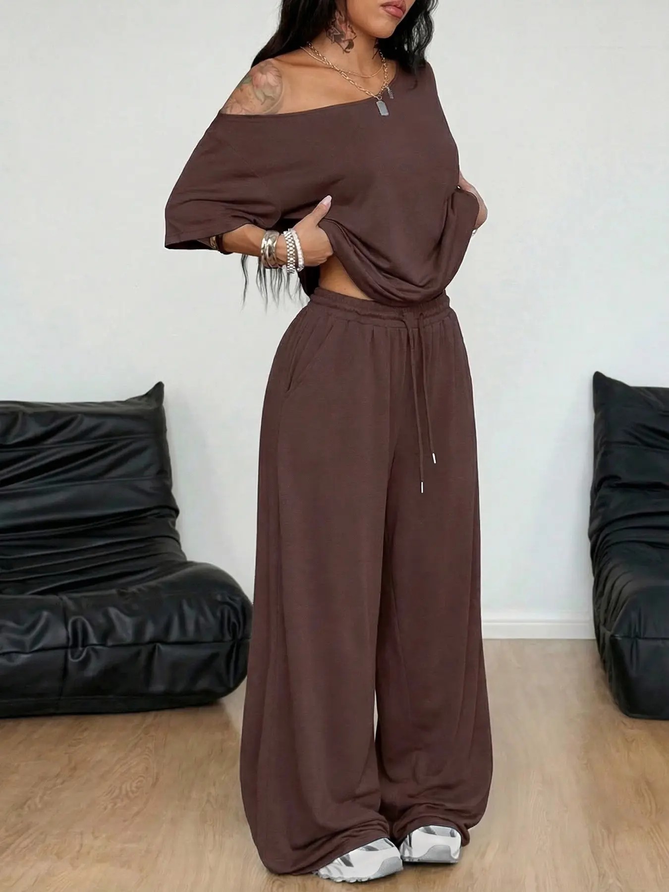 Women's Minimalist Basic Daily Wear Casual Going Out Sport Comfortable Off Shoulder T-Shirt And Wide Leg Pants Two Pieces Outfits