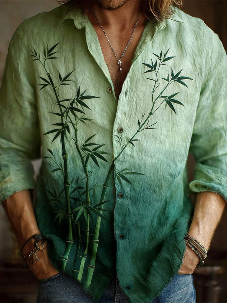 Japanese Bamboo Gradient Pattern Men's Linen Long Sleeve Shirt