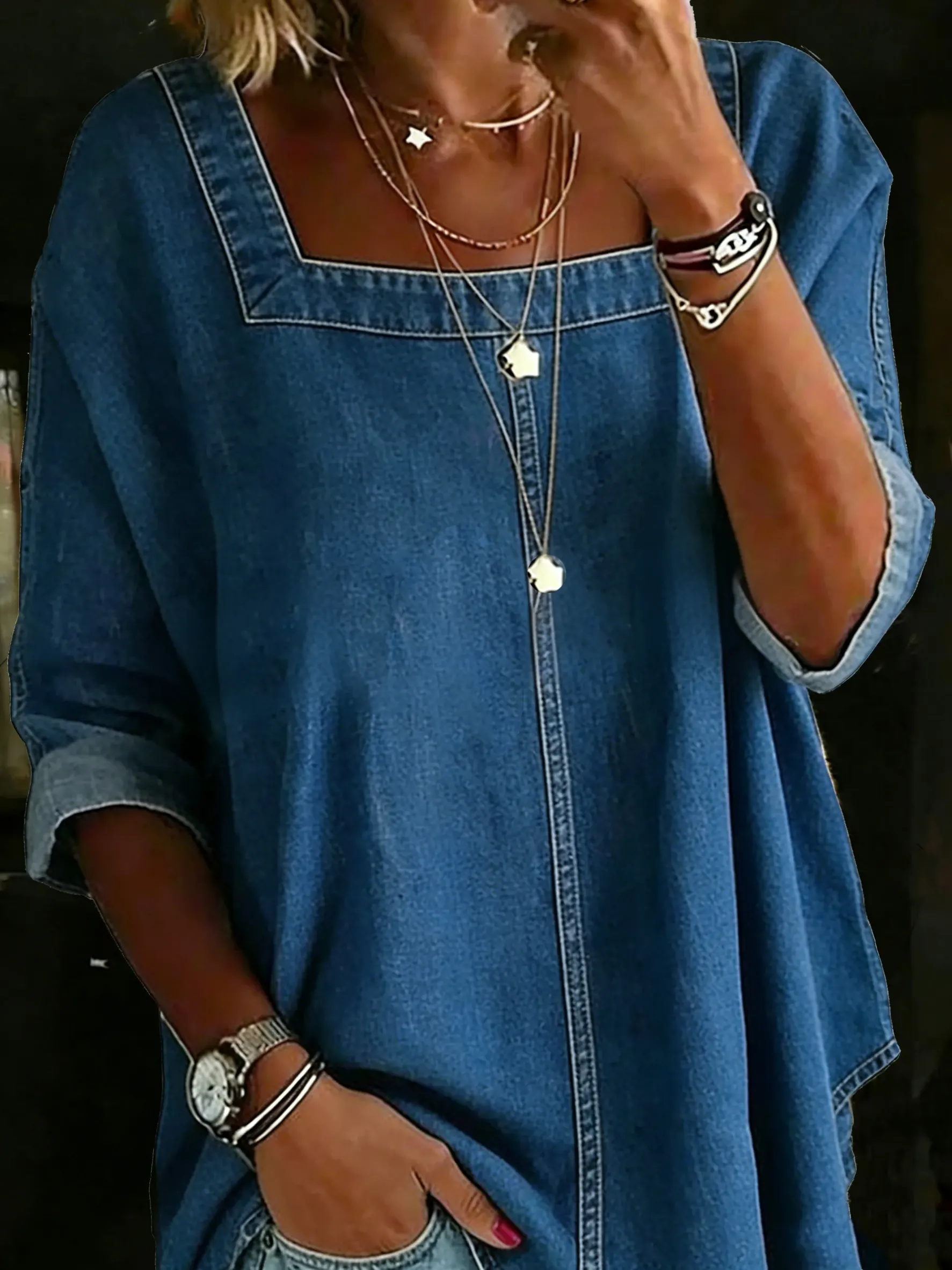 Women's Fashion Casual Long-sleeved Square Neck Denim Top