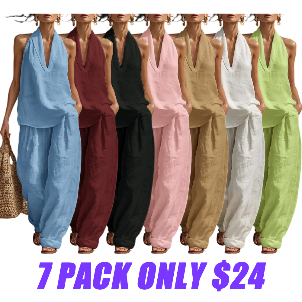 Women's Boho Linen 2 Piece Set - Halter Sleeveless Top & Wide Leg Pants for Beach, Vacation & Brunch