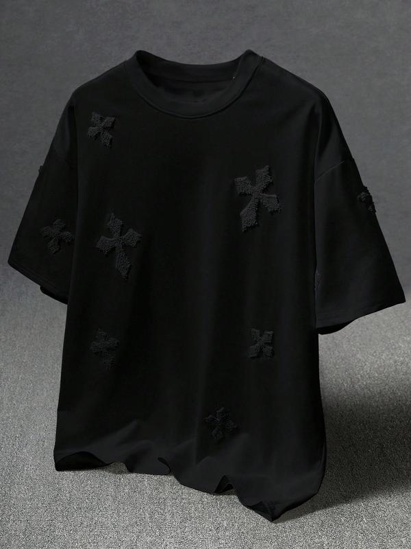 Men's Cross Stitch Embroidered Solid Color Round Neck T-Shirt