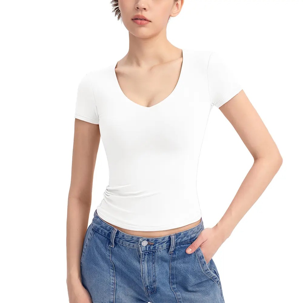 V-Neck Short Sleeve Basic Women's Slimming Fit Top