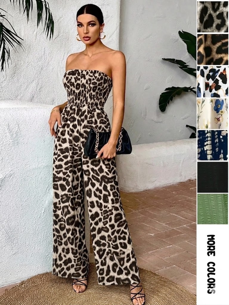Women's Leopard Print Shirred Wide Leg Jumpsuit