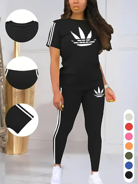 Women's Printed Casual Sporty Round Neck Drawstring Short Sleeve and Long Pants Two-Piece Set