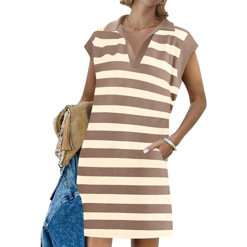 Women’s Striped Polo V-Neck Summer Dress – Sleeveless Loose Fit Midi T-Shirt Dress with Slit, Available in Long & Short Styles (Sizes S–5XL)