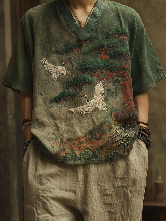 Men's Japanese Cranes & Pine Tree Embroidery Casual V Neck Shirt