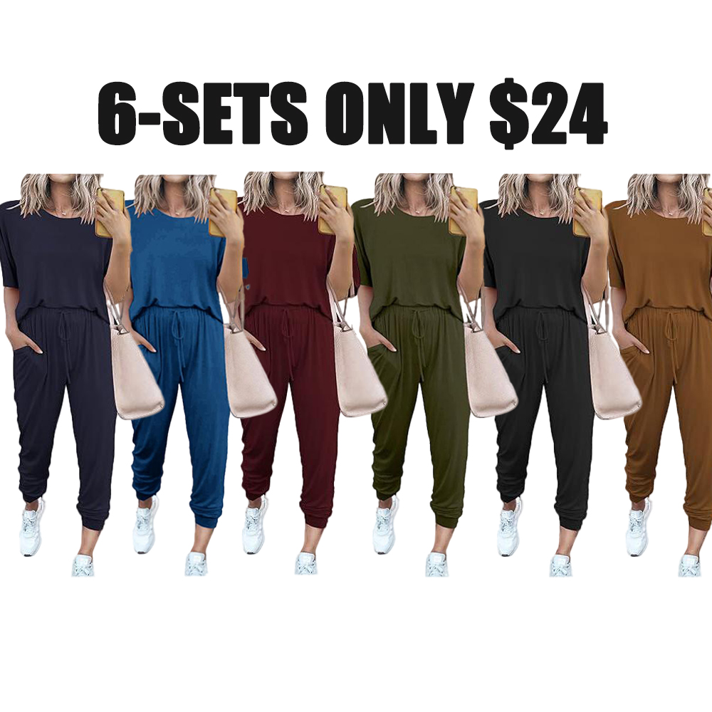 Women's 2-Piece Set Summer Outfits Crew Neck Short Sleeve Tracksuit Jogger Set With Drawstring and Pockets Comfy Lounge Wear
