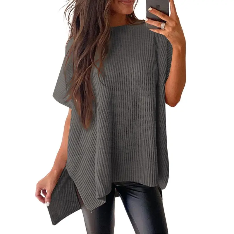 Women’s Oversized Knit Top – Casual Crew Neck Short Sleeve Sweater with Side Slit