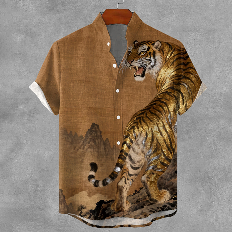 Men's Vintage Tiger Japanese Art Print Button Shirt