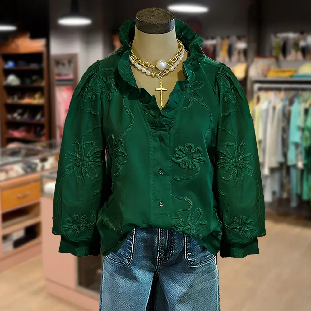 Cherrybetty 100%Cotton Elegant Embroidered Flower Ruffle Neck Puff Sleeve Cotton Top Women Casual Style Vintage Blouse Cute Fall Outfits for Womenswear