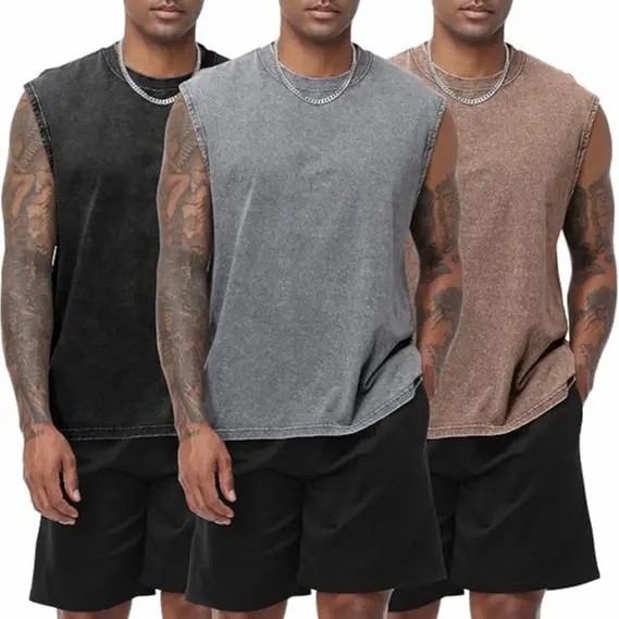 Men's Cotton Sleeveless Muscle Tank Tops Vintage Acid Wash Cutoff Loose Workout Tee Shirts