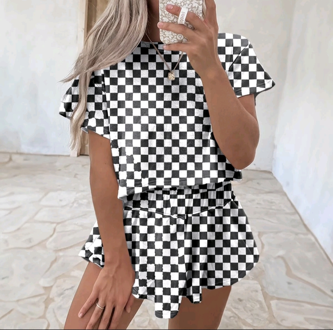 Women's Two Piece Set, Checkerboard T Shirtand Ruffle High Waist Skort Set,2025 SummerCasual Sets for Daily Wear