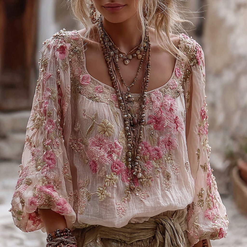 Women's Vintage Floral Pattern Casual V-neck Shirt