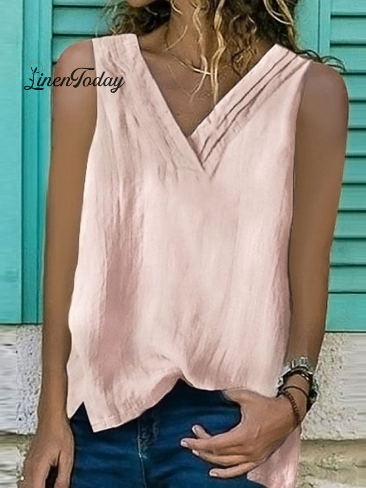 Women's V-Neck Hem Split Sleeveless Shirt