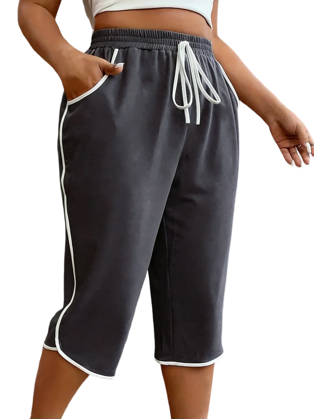 Women’s Plus Size Color Block Drawstring Capri Sports Pants
