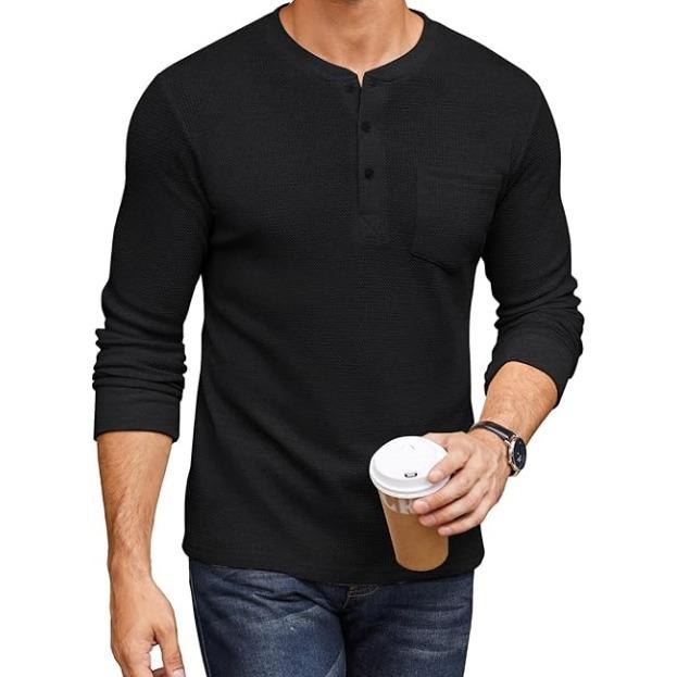 Men’s Long Sleeve Waffle Henley Shirt with Pocket
