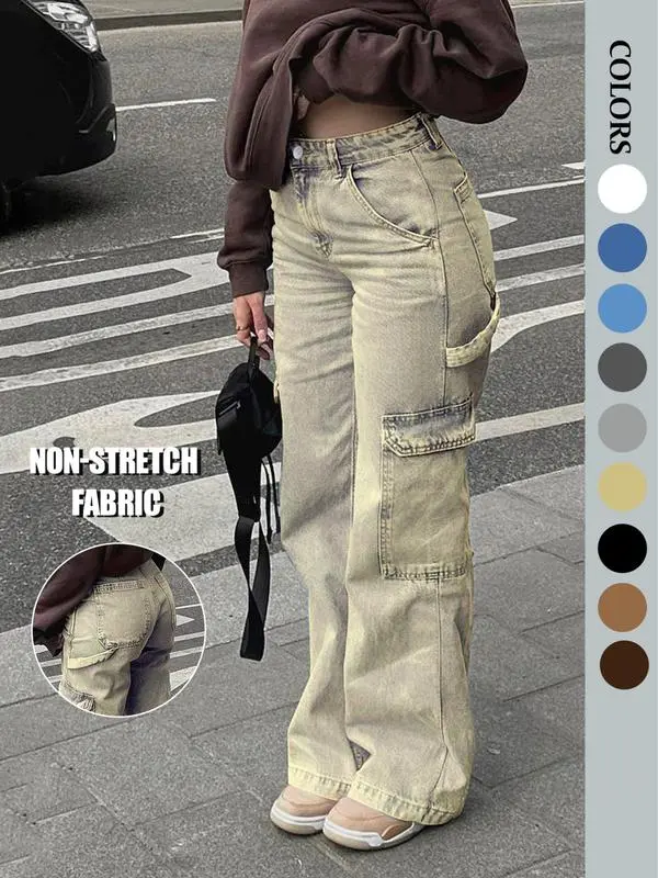 Women’s High-Waist Wide Leg Cargo Jeans with 6 Pockets