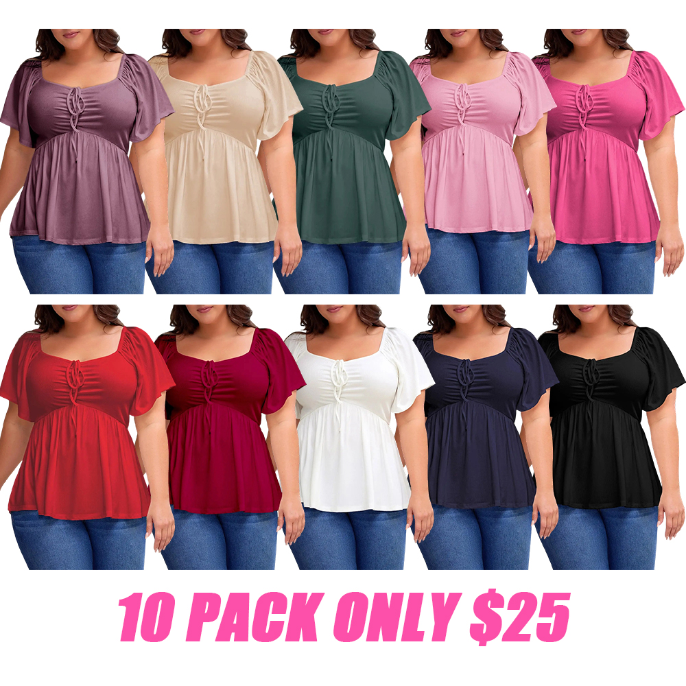Women Plus Size Sweetheart Neck Short Sleeve Shirred Peplum Blouse Tops Shirts
