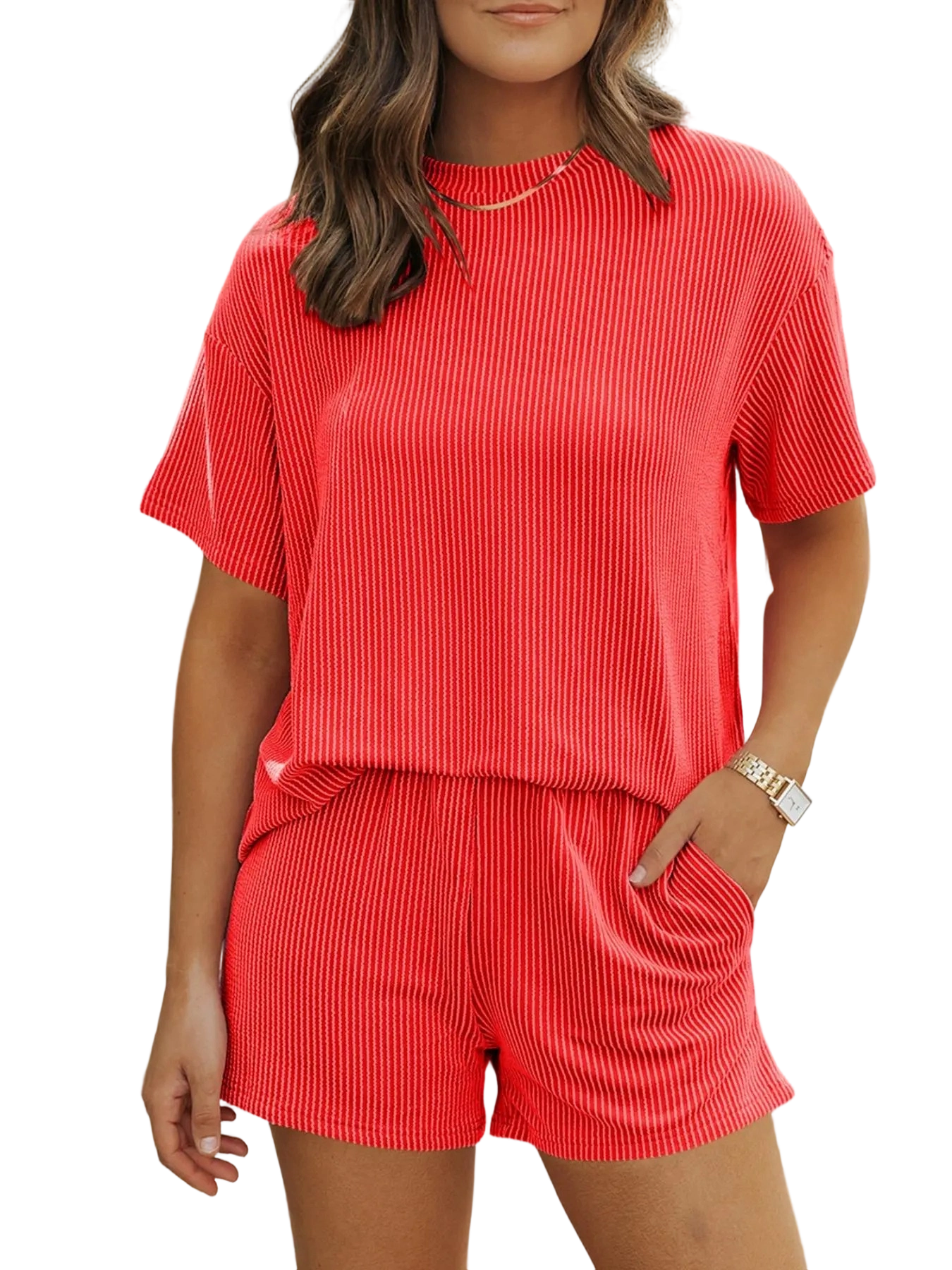 Women's Solid Twisted Ribbed Knit Textured Pocket Shorts Set, Casual Short Sleeve T-shirt & Elastic Waist Shorts