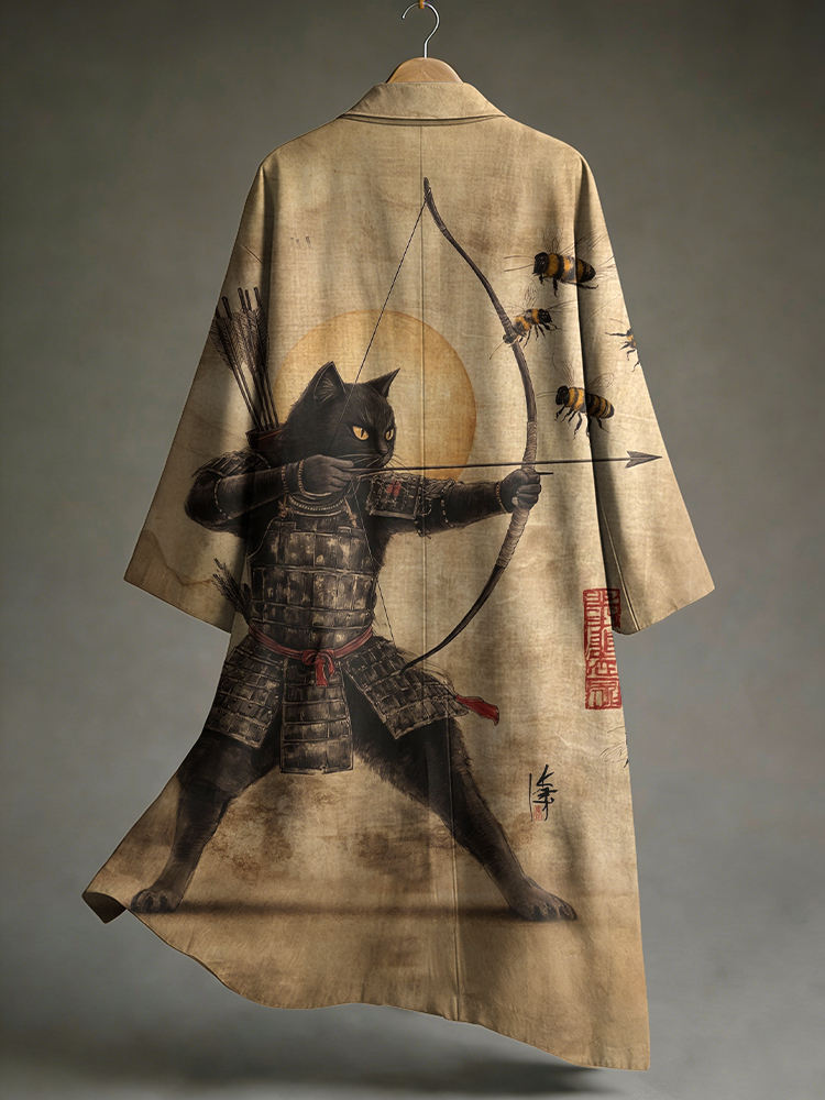 Men's Black Cat Tribal Warrior Japanese Kyudo Print  Linen Long Kimono