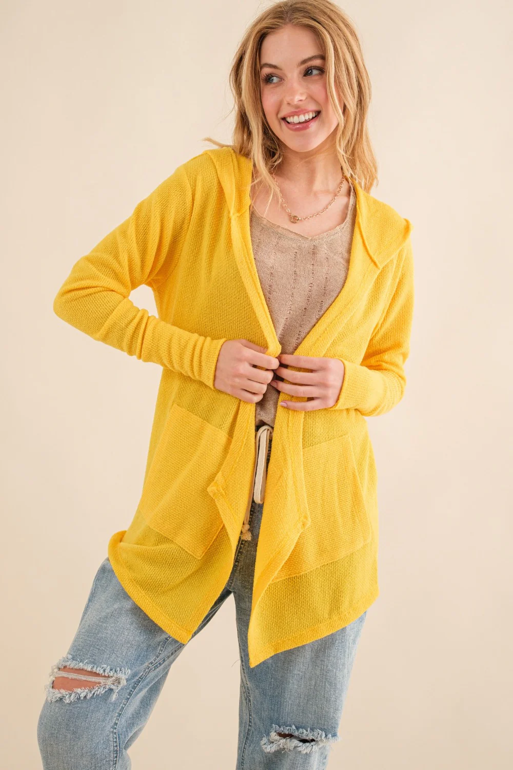 Full Size Thermal Hooded Open Front Cardigan with Pockets