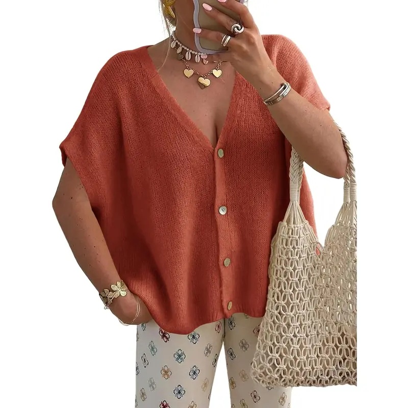 Womens Fall Oversized Cardigans Batwing Short Sleeve Lightweight Button V Neck Casual Knit Sweater Tops