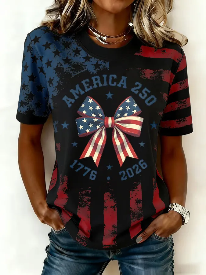 Ladies' Leisure 250Th Anniversary National Day Celebration Round Neck Short Sleeved T-Shirt
