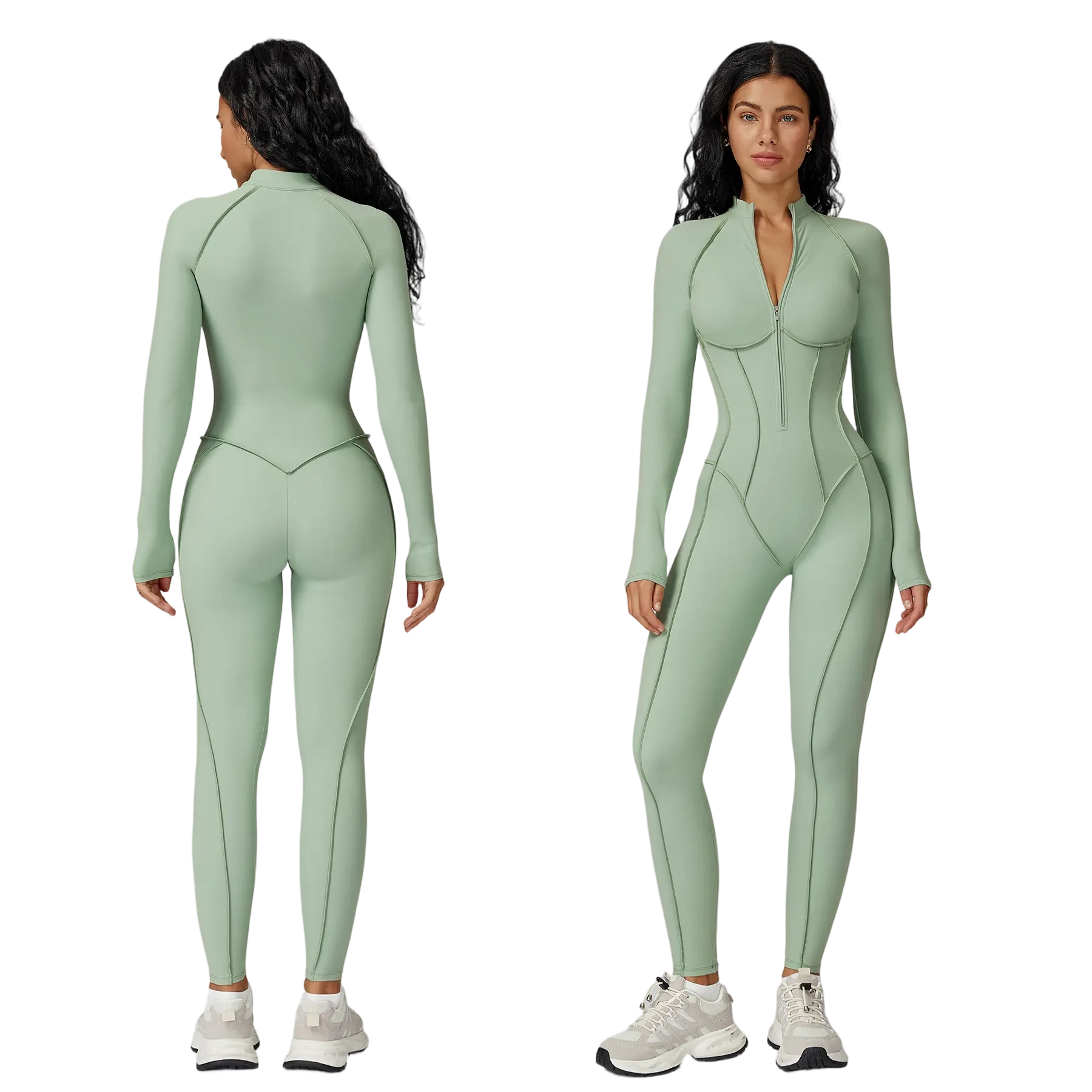 ✨ Women’s SculptFit Zip-Up Active Jumpsuit – Long Sleeve Tummy Control One-Piece