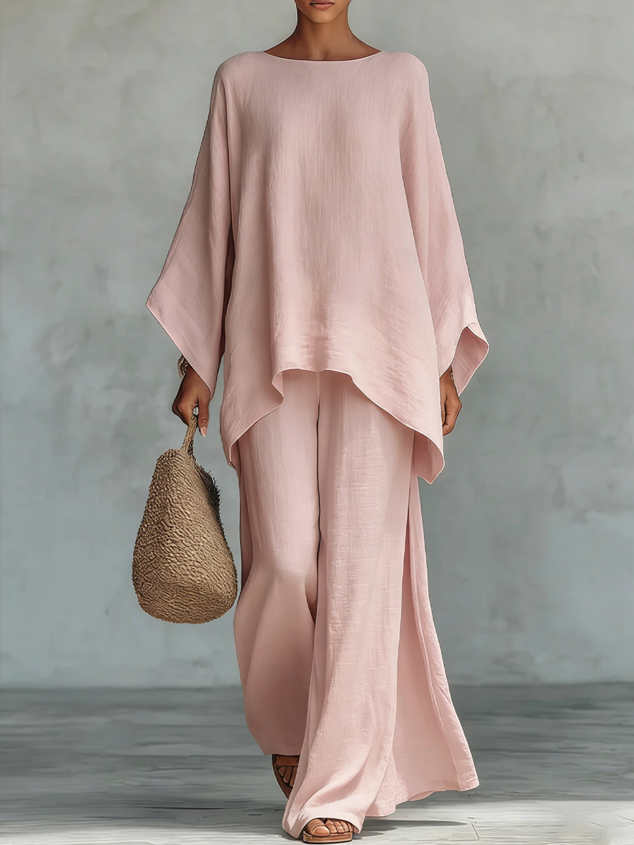 Women's Round Neck Long Sleeve Wide-leg Casual Irregular Hem Two-piece Pants Set