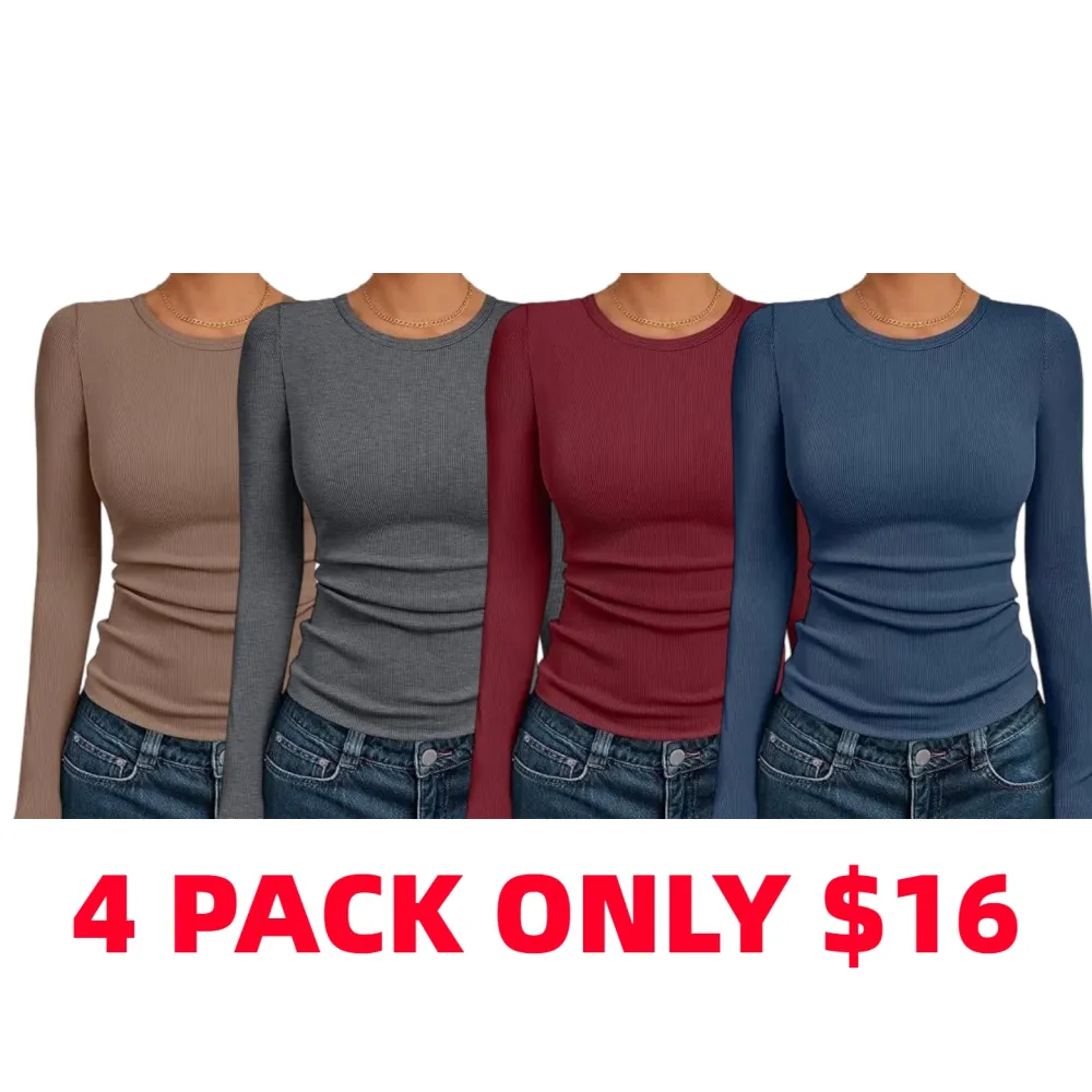 🔥8- PACK Women's Long Sleeve Blouses Shirts with Ribbed Knit Work Office Basic Tops