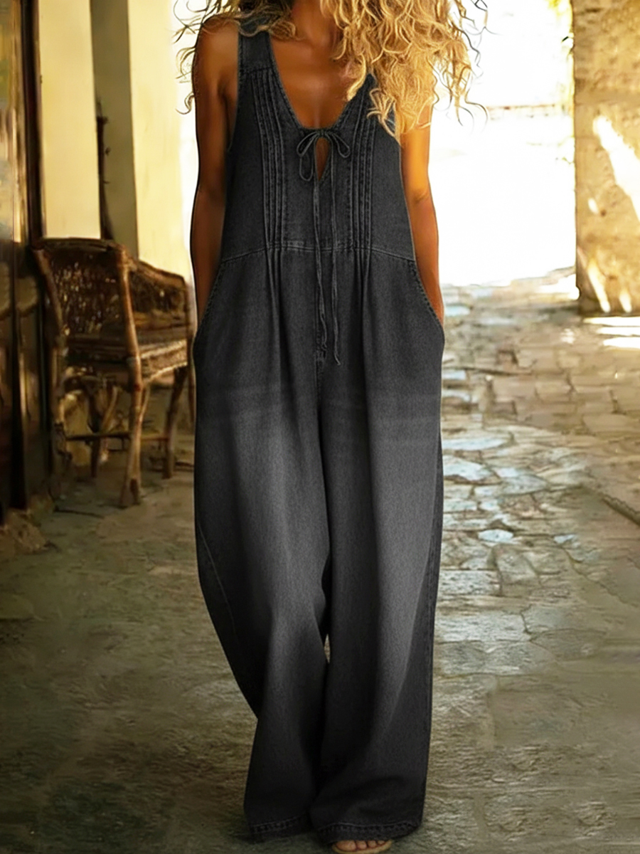 Casual Pleated Drawstring Loose Denim Jumpsuit