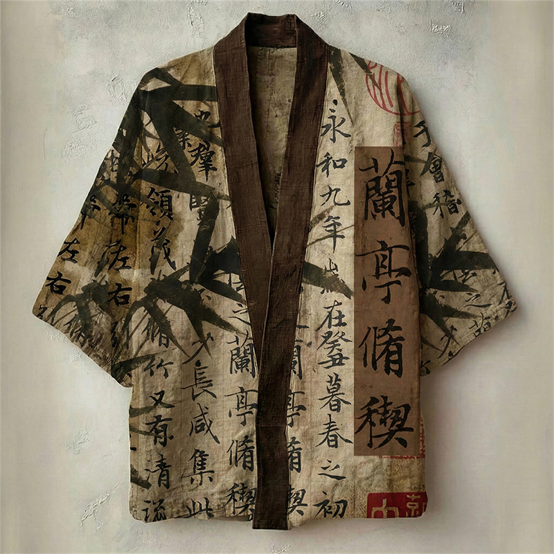 Men's Retro Bamboo Calligraphy Art Print Linen Kimono