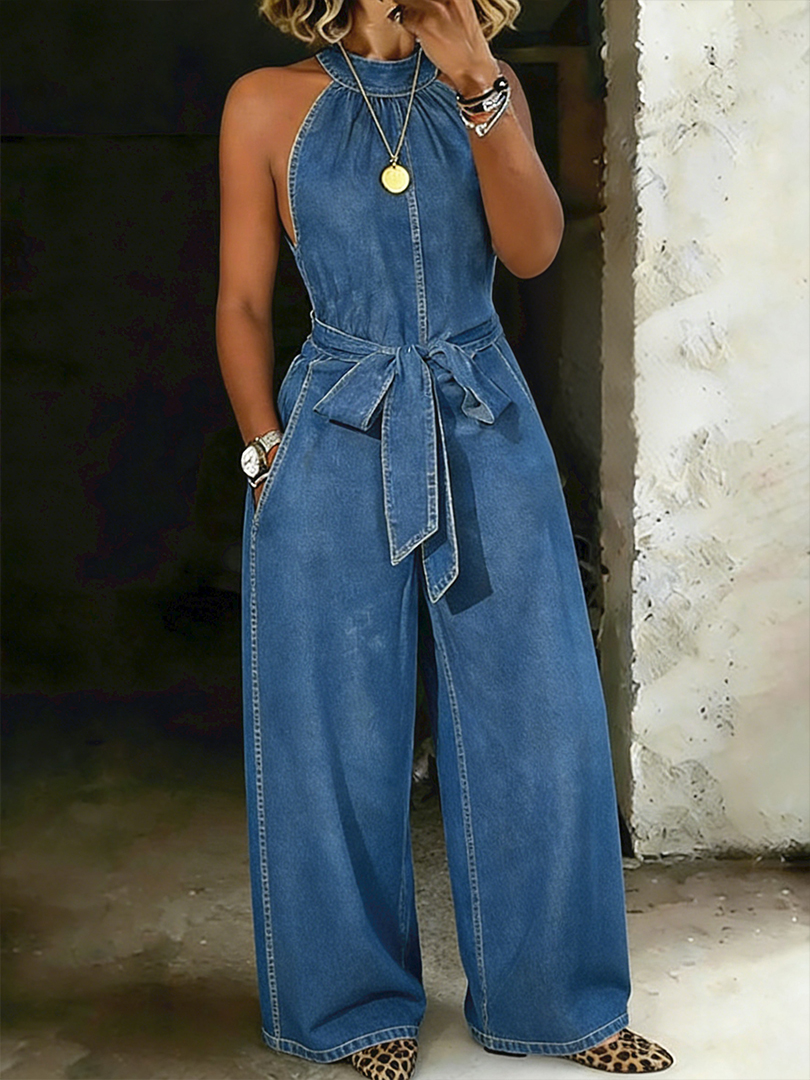 Women's Print Casual 100% Cotton Denim High Collar Wide Leg Jumpsuit