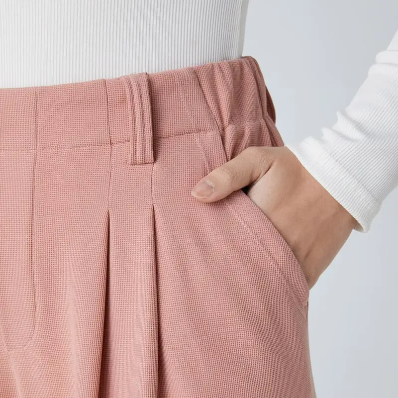 High Waisted Plicated Side Pocket Wide Waffle Work Pants