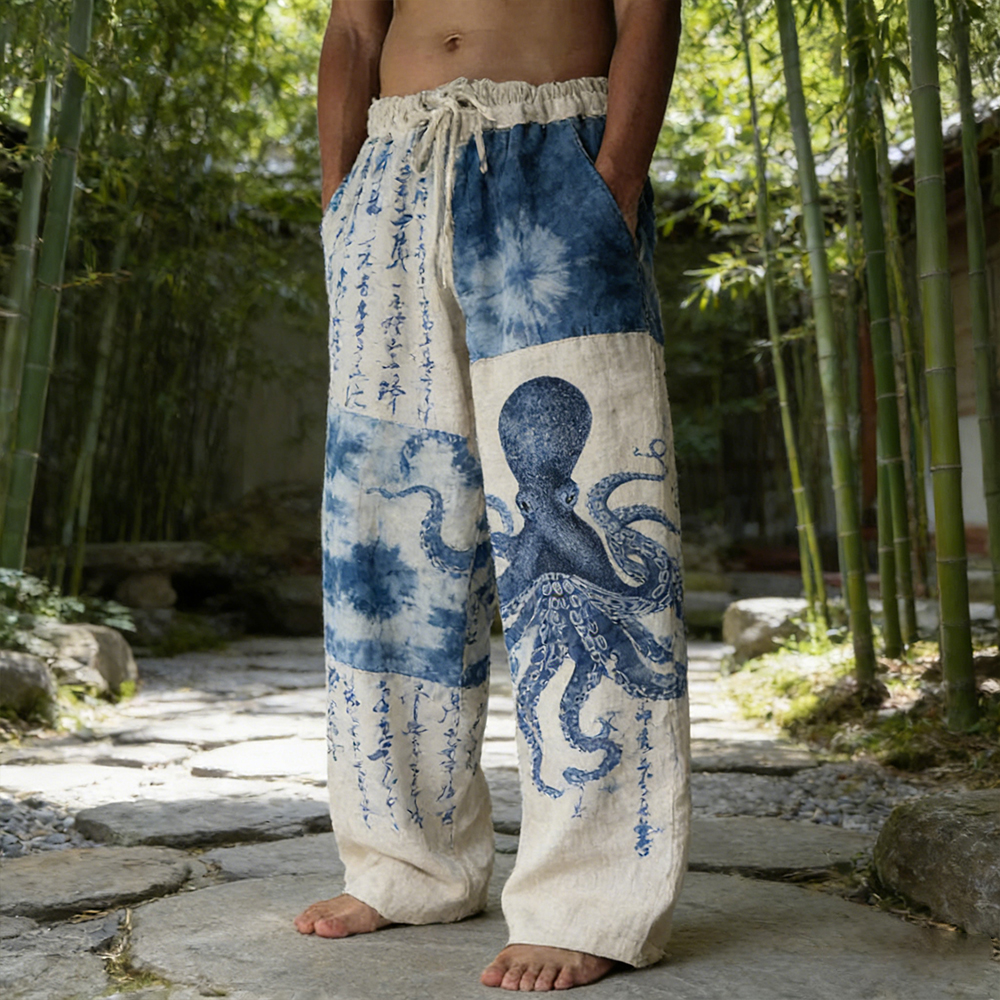 Vintage Japanese-style Octopus Tie-dye Spliced Cotton Linen Pants