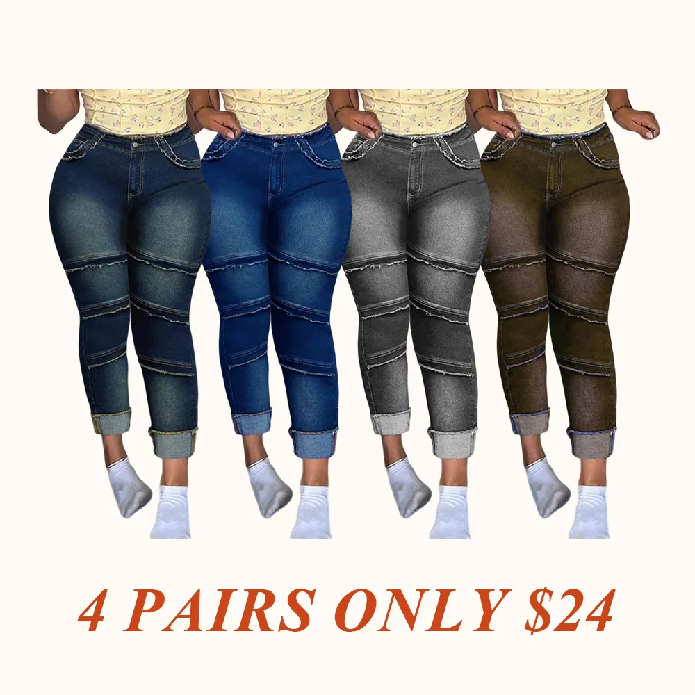 Raw Hem Pocket High Waisted Denim Jeans, Casual Comfy Slim-fitting Trousers for Daily Wear