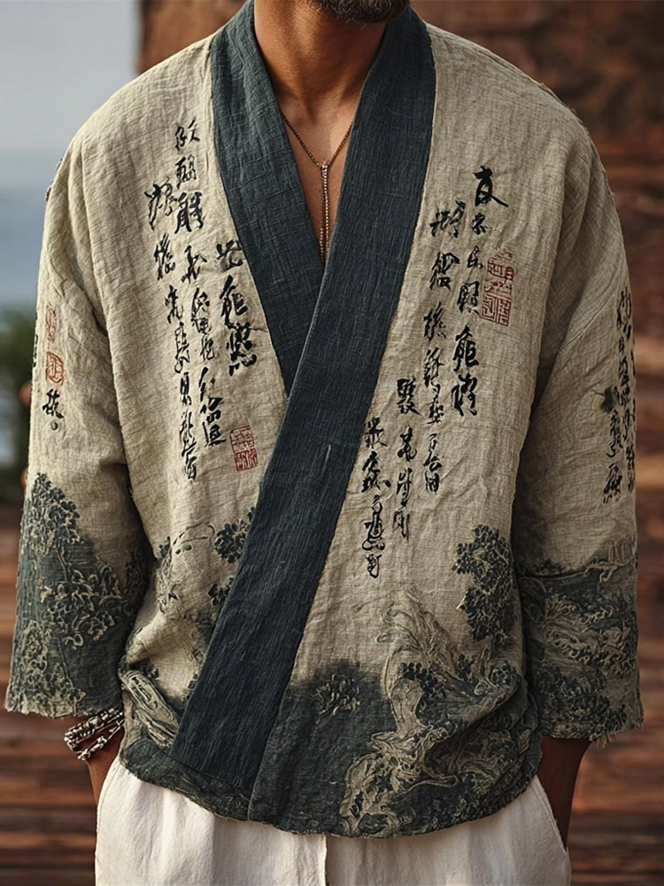 Men's Japanese Landscape Calligraphy Art Cozy Linen Kimono